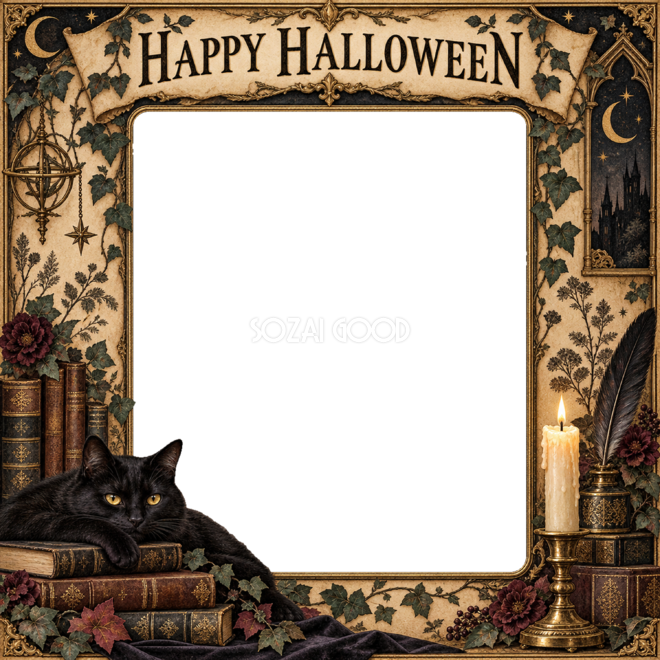 黒猫と古い洋書のハロウィン写真フレーム｜大人向け無料イラスト 98165