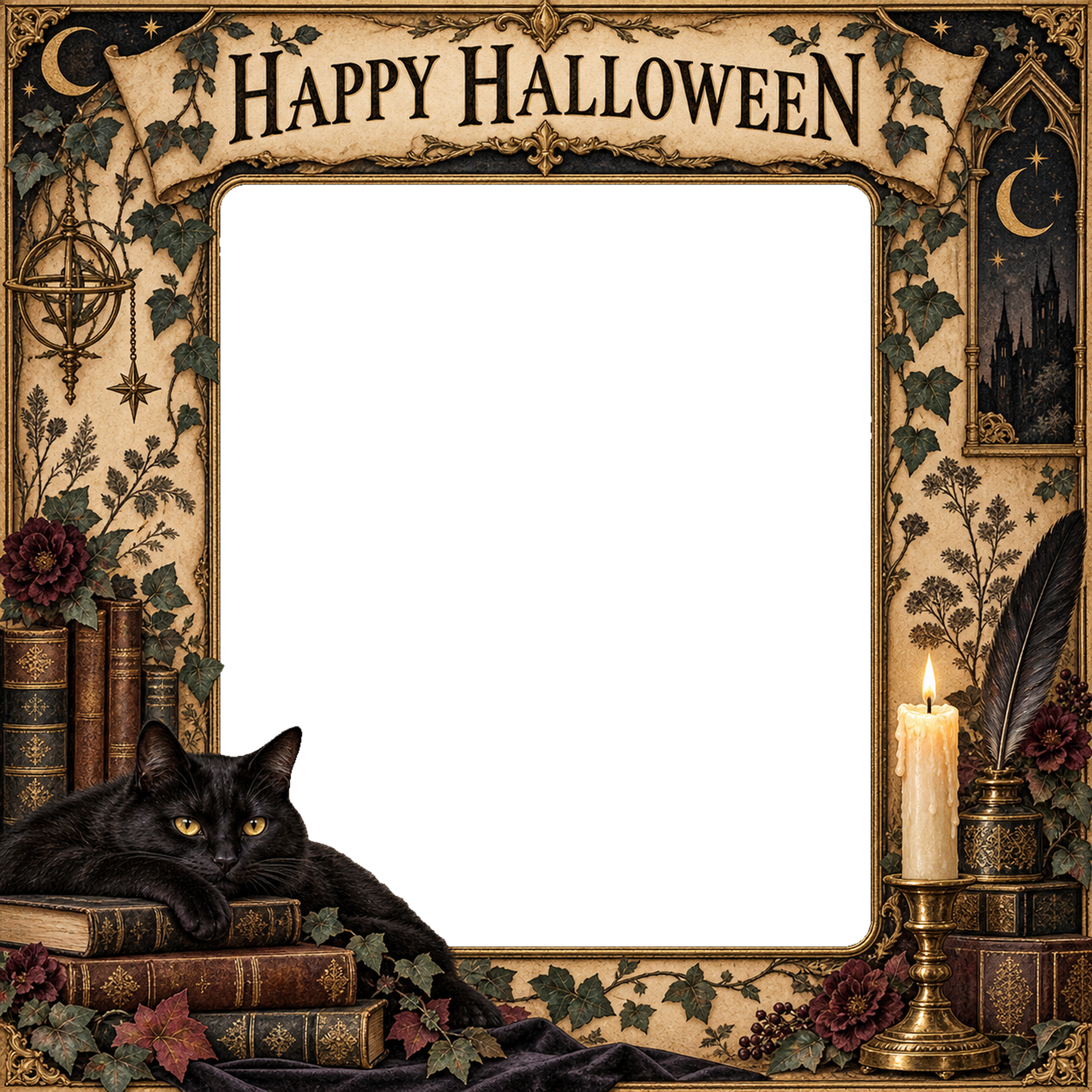 黒猫と古い洋書のハロウィン写真フレーム｜大人向け無料イラスト 98165に写真・文字を入れる