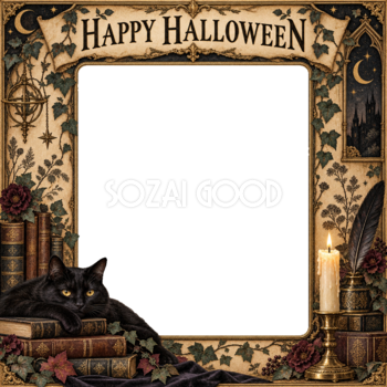 黒猫と古い洋書のハロウィン写真フレーム｜大人向け無料イラスト 98165