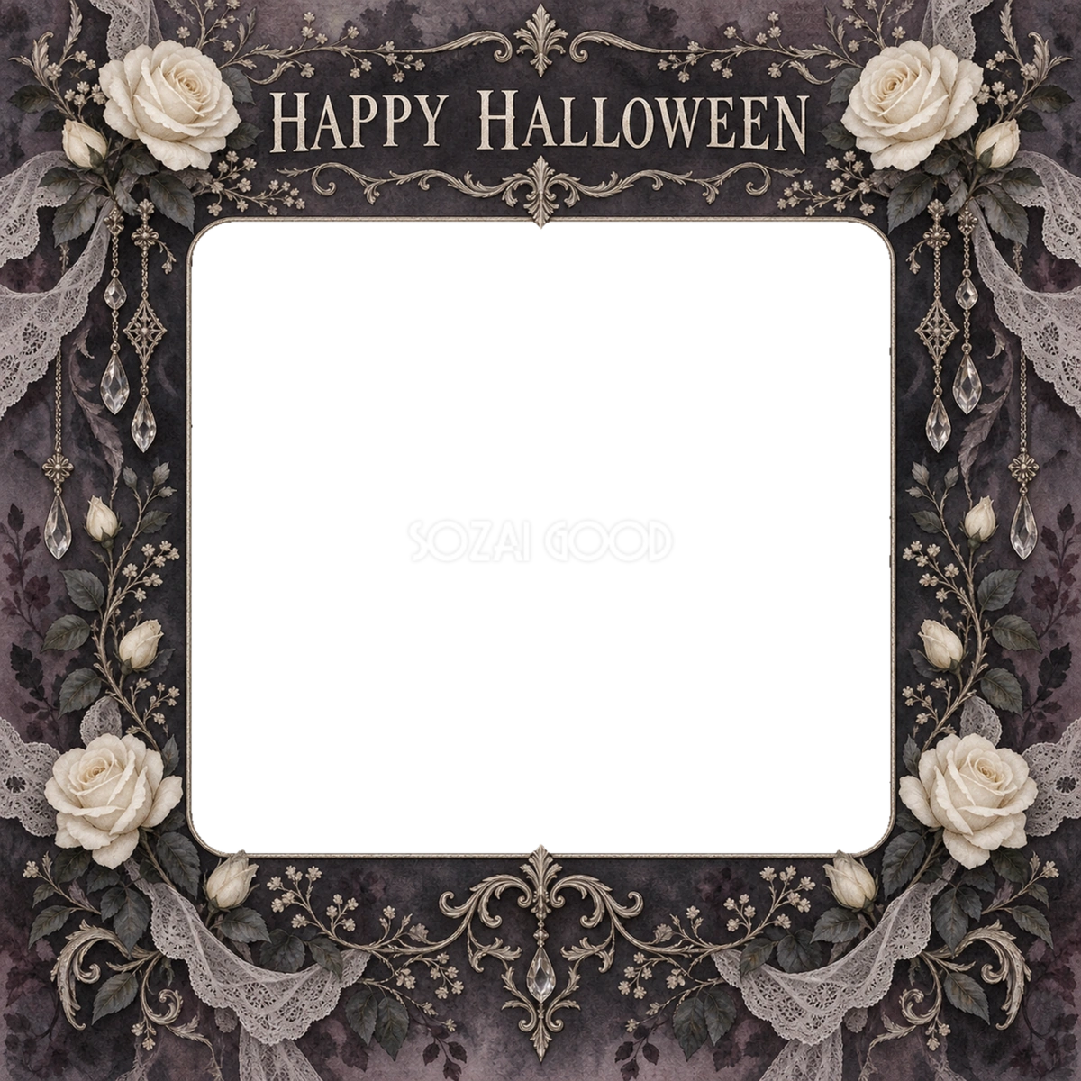 白いバラと古びた銀のハロウィン写真フレーム|大人向け無料イラスト 98166