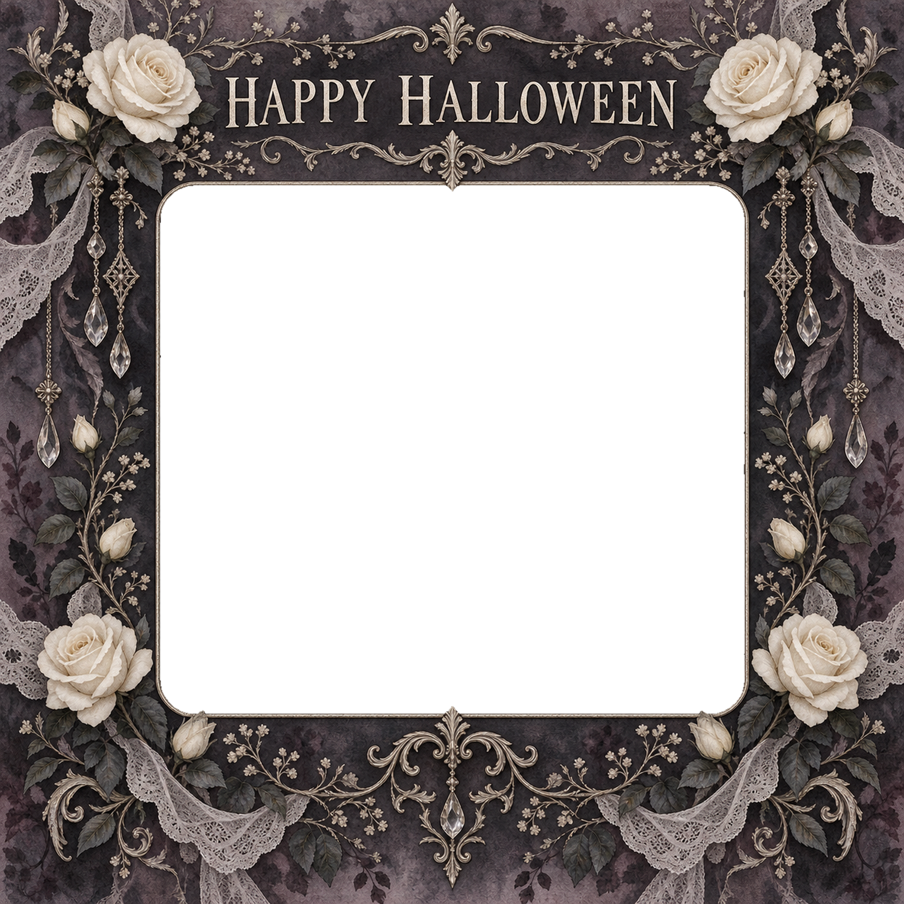 白いバラと古びた銀のハロウィン写真フレーム｜大人向け無料イラスト 98166に写真・文字を入れる
