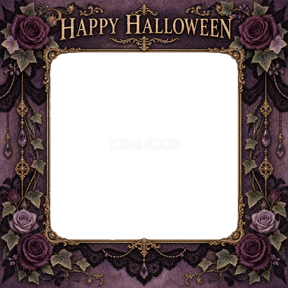 紫のバラとレースのハロウィン写真フレーム｜大人向け無料イラスト 98169