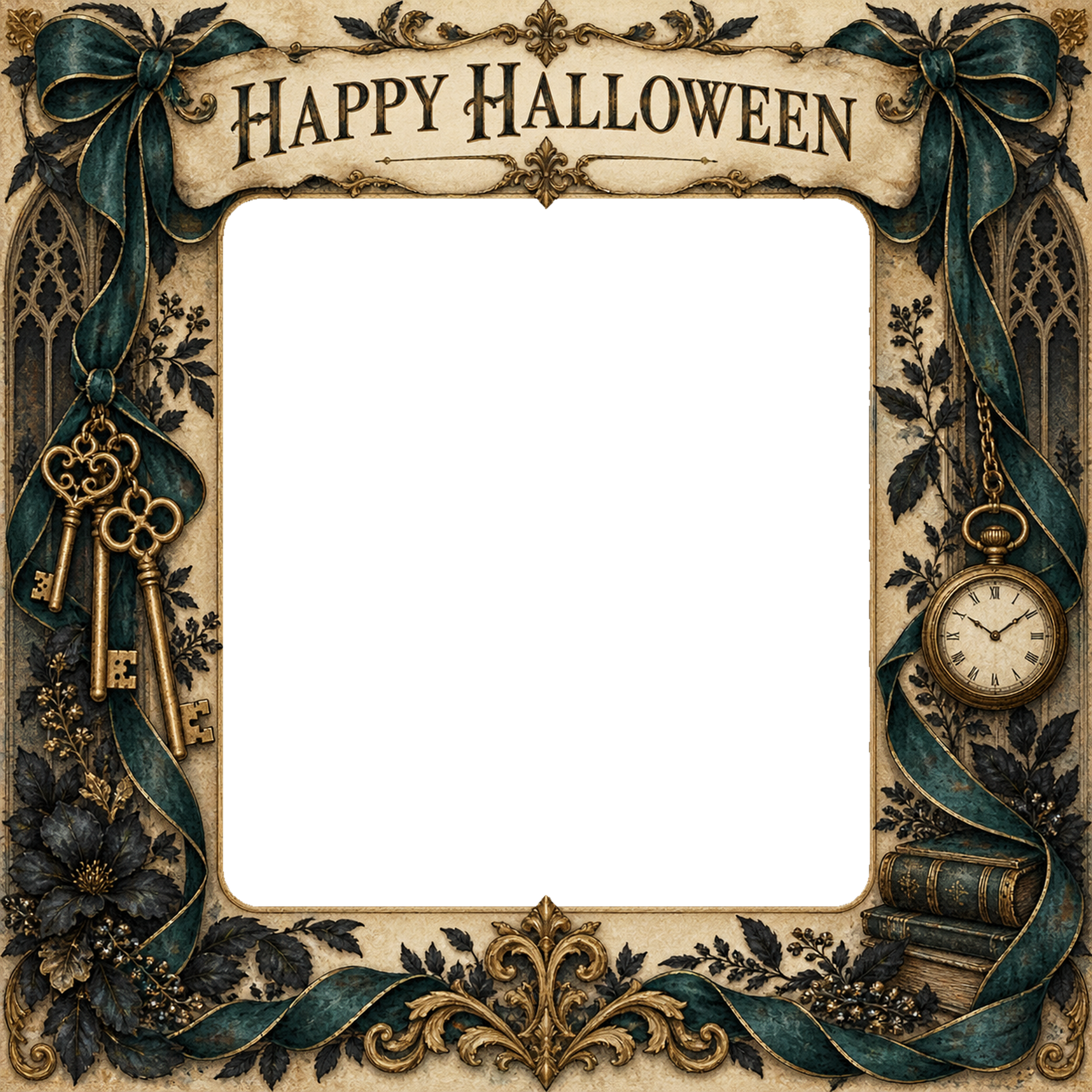 古い鍵と時計のハロウィン写真フレーム｜大人向け無料イラスト 98170に写真・文字を入れる