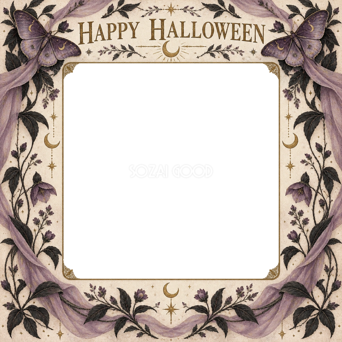 蝶と黒い植物のハロウィン写真フレーム｜大人向け無料イラスト 98171