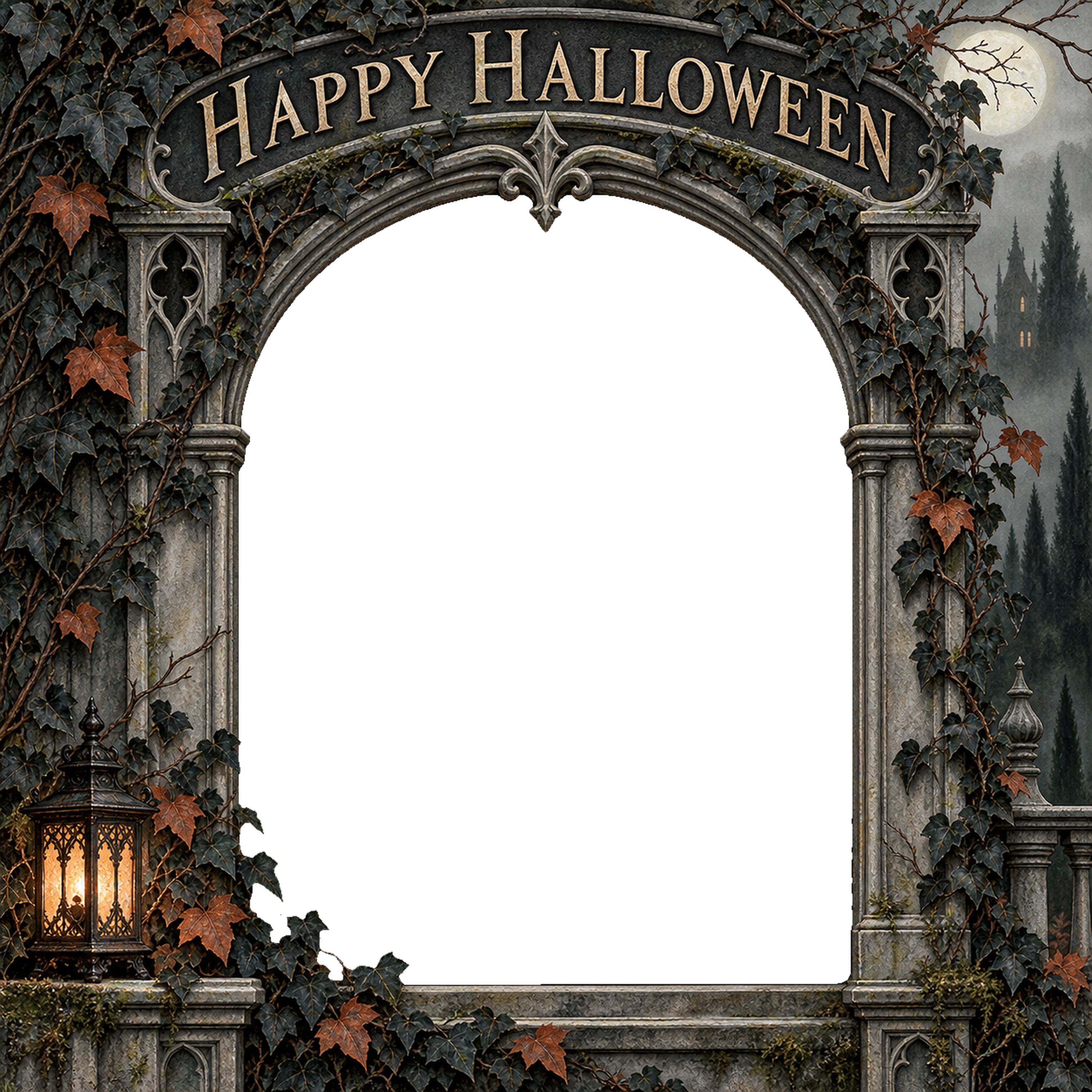 古い窓と秋の庭のハロウィン写真フレーム｜大人向け無料イラスト 98172に写真・文字を入れる