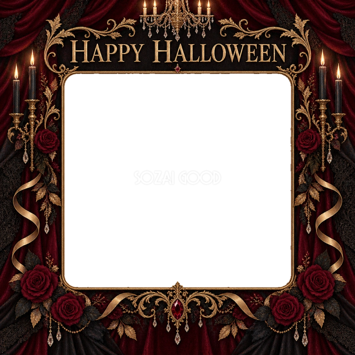 赤いバラと夜の舞踏会のハロウィン写真フレーム|大人向け無料イラスト 98173
