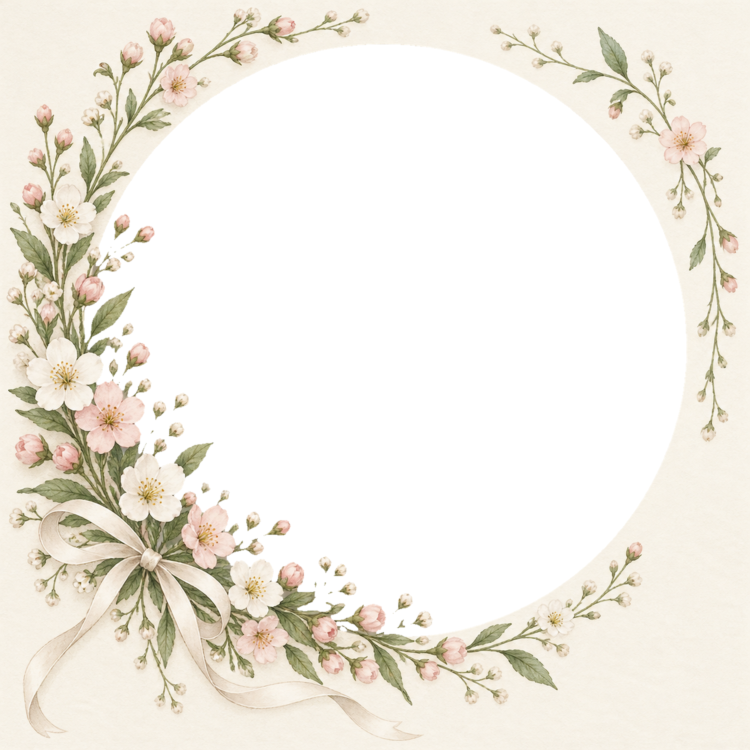 ピンクの小花と三日月リースのボタニカル写真フレーム｜無料イラスト 98177に写真・文字を入れる