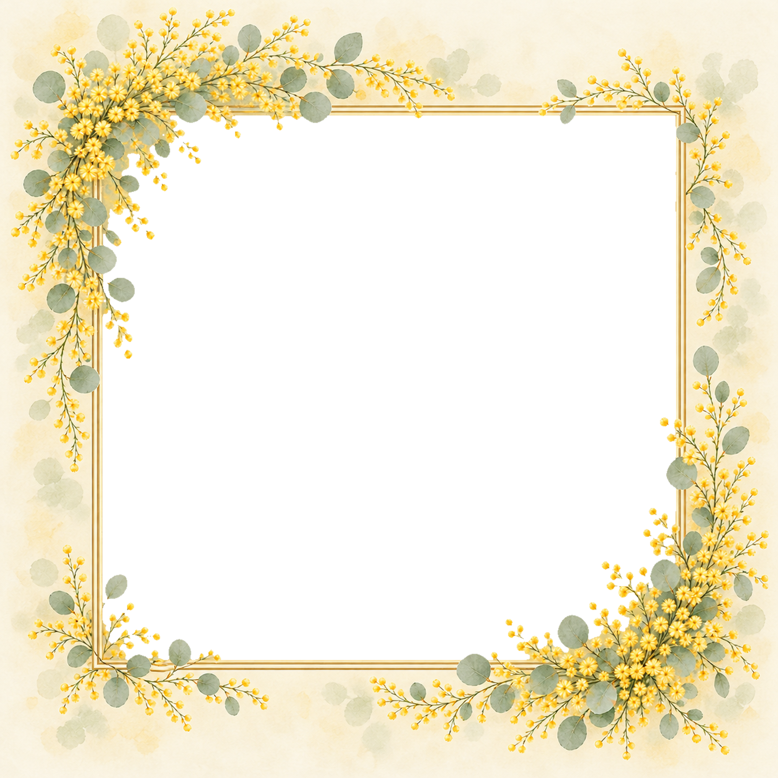 対角のミモザとユーカリの花束の写真フレーム｜無料の水彩イラスト 98194に写真・文字を入れる
