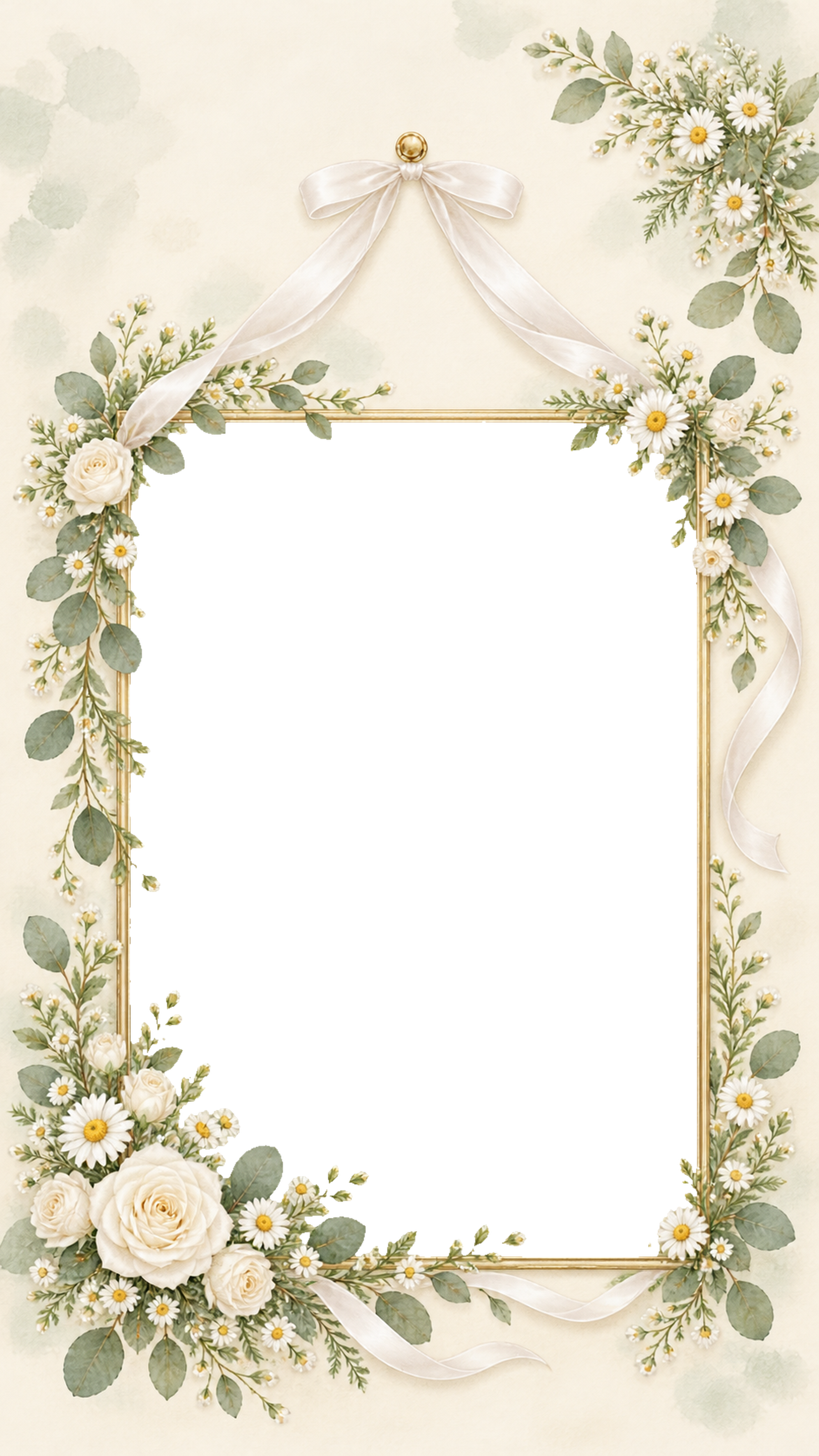 白いリボンで吊るす花の写真フレーム｜無料の水彩イラスト 98209に写真・文字を入れる