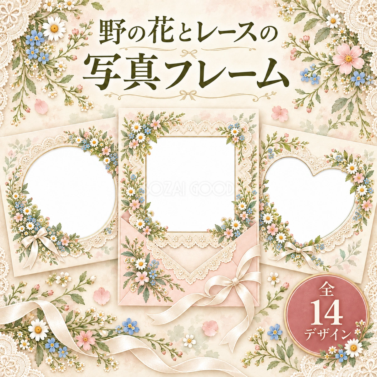 野の花とレースの写真フレーム14選|やさしい水彩の無料イラスト 98213