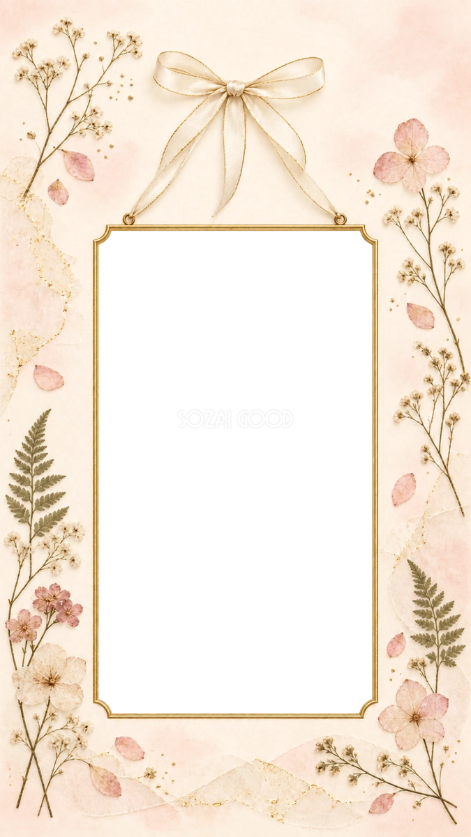 リボンで吊るす押し花の縦長額の写真フレーム|無料のイラスト 98261