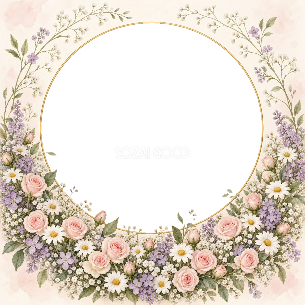 バラと小花が広がる丸いお花畑の写真フレーム|無料の水彩イラスト 98293