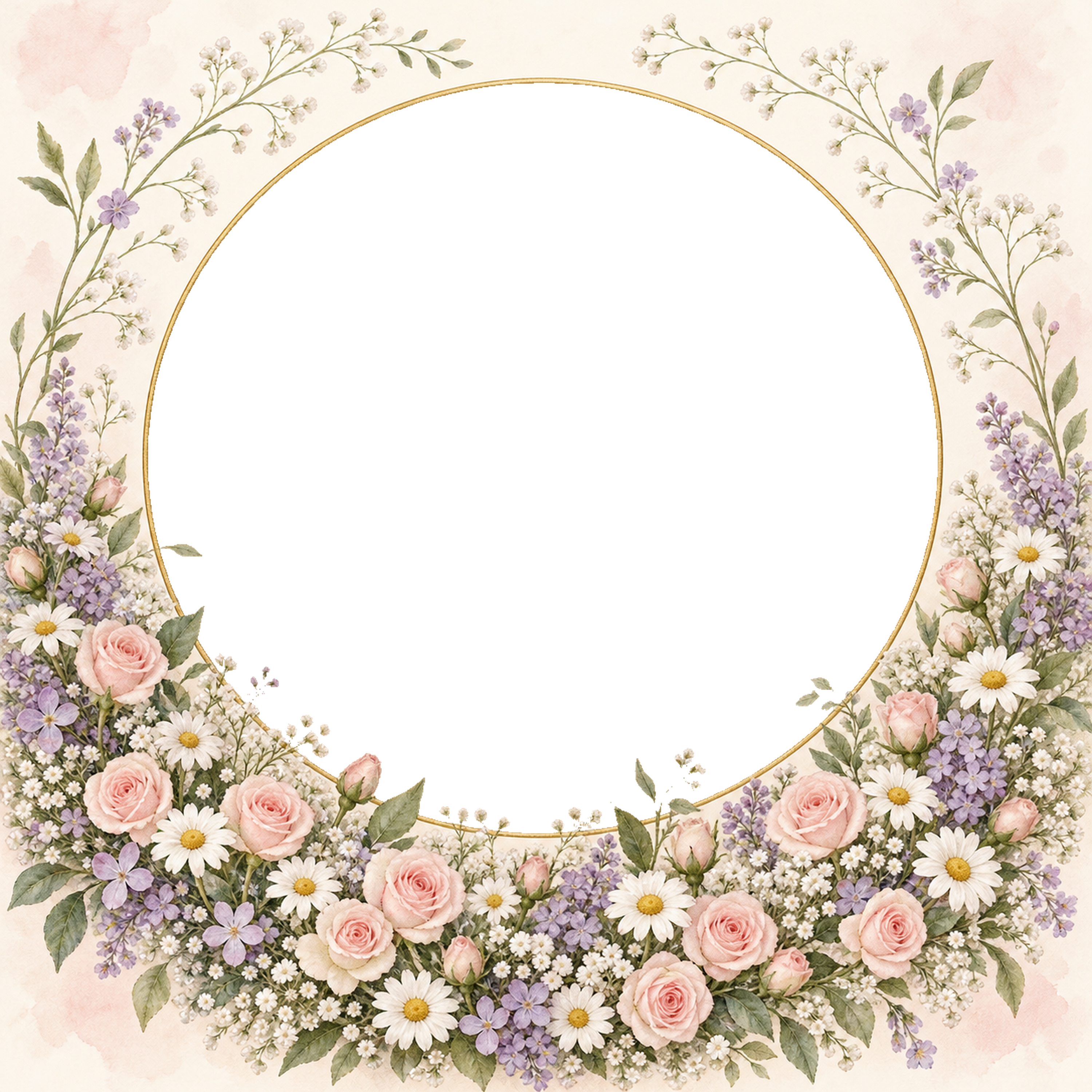 バラと小花が広がる丸いお花畑の写真フレーム｜無料の水彩イラスト 98293に写真・文字を入れる