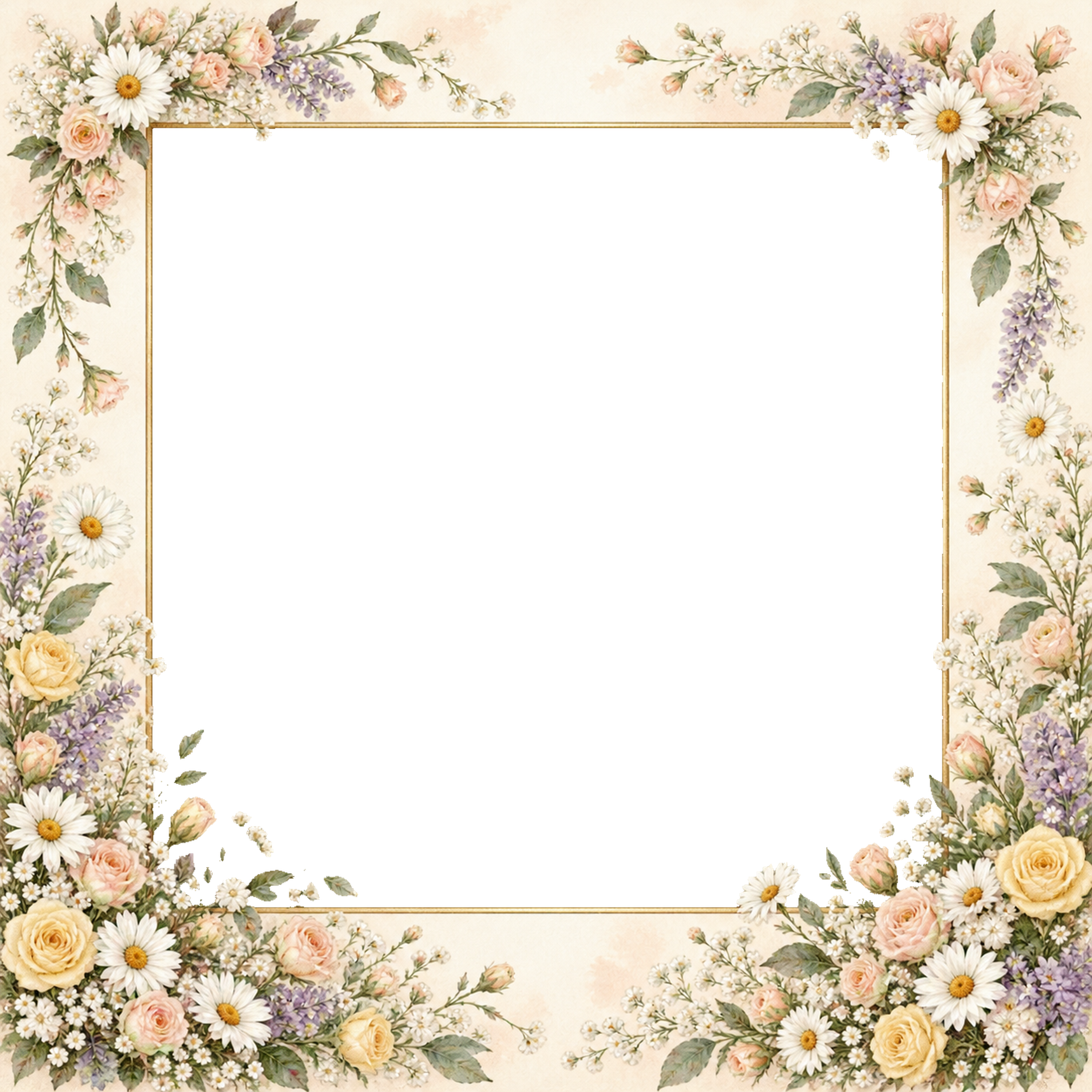 淡い黄色のバラと四隅の花飾りの写真フレーム｜無料の水彩イラスト 98297に写真・文字を入れる