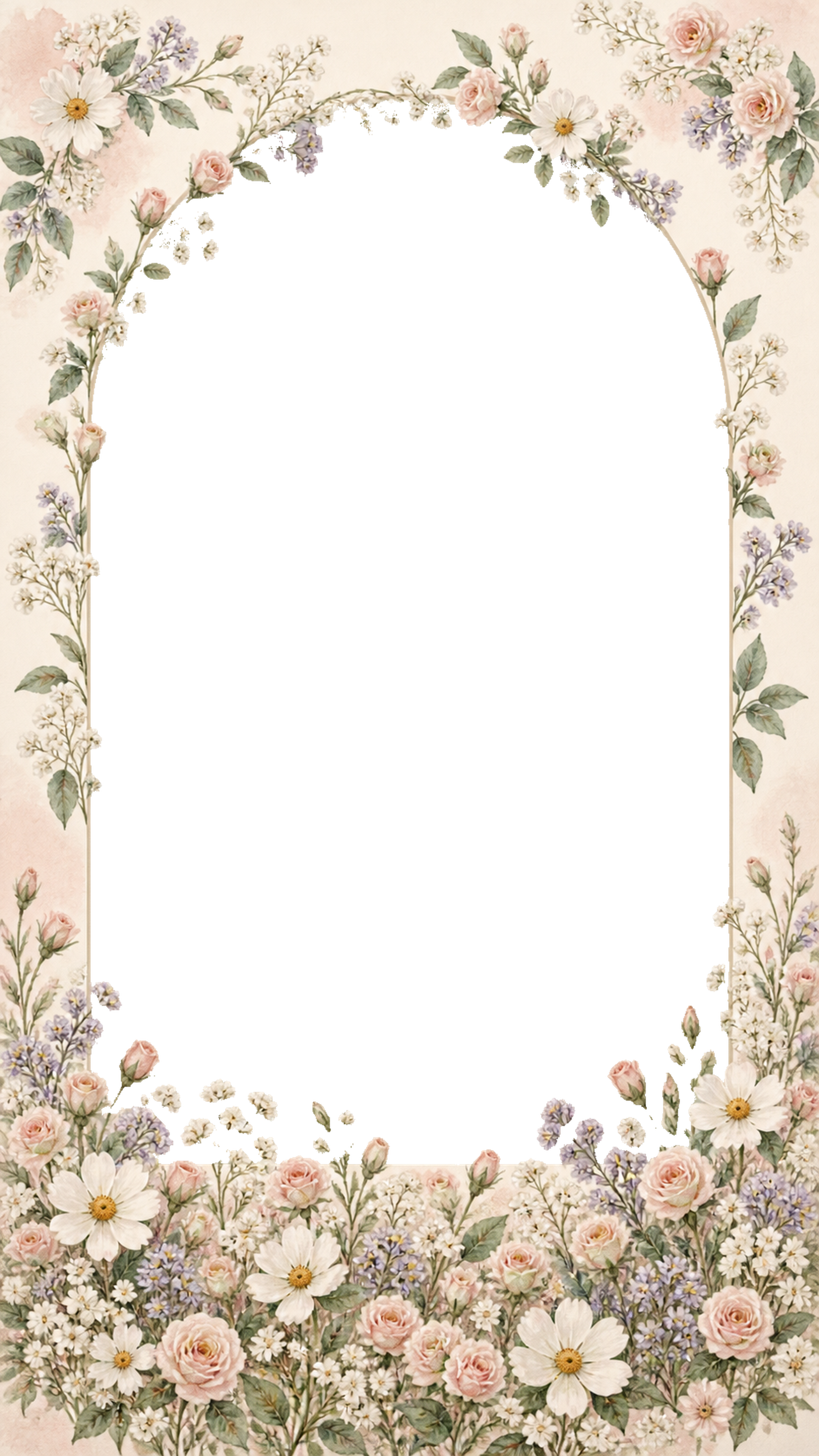 小花が咲きそろう縦長アーチの写真フレーム｜無料の水彩イラスト 98298に写真・文字を入れる