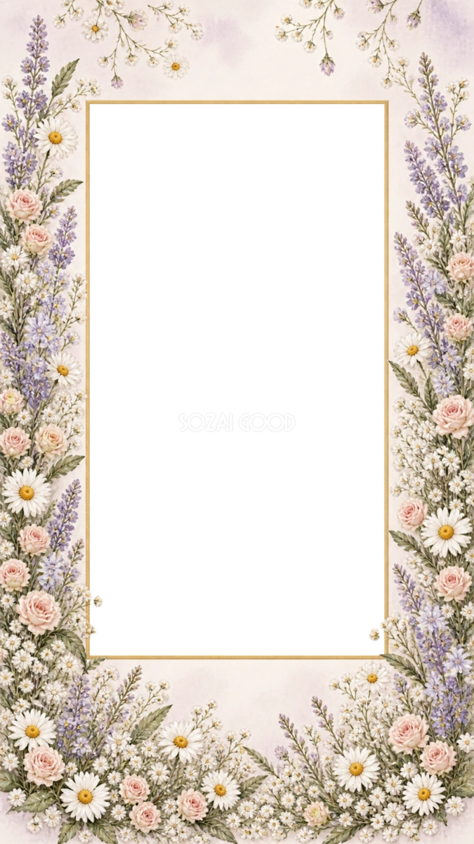 淡い紫の花が伸びるスマホフレームの写真フレーム|無料の水彩イラスト 98301