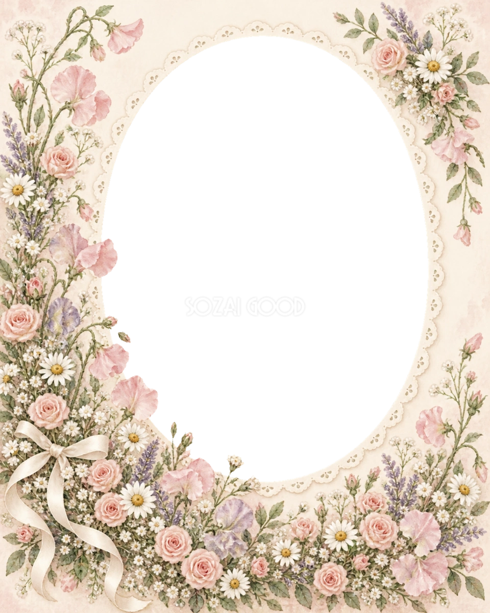 スイートピーとレースの花畑の写真フレーム｜無料の水彩イラスト 98302