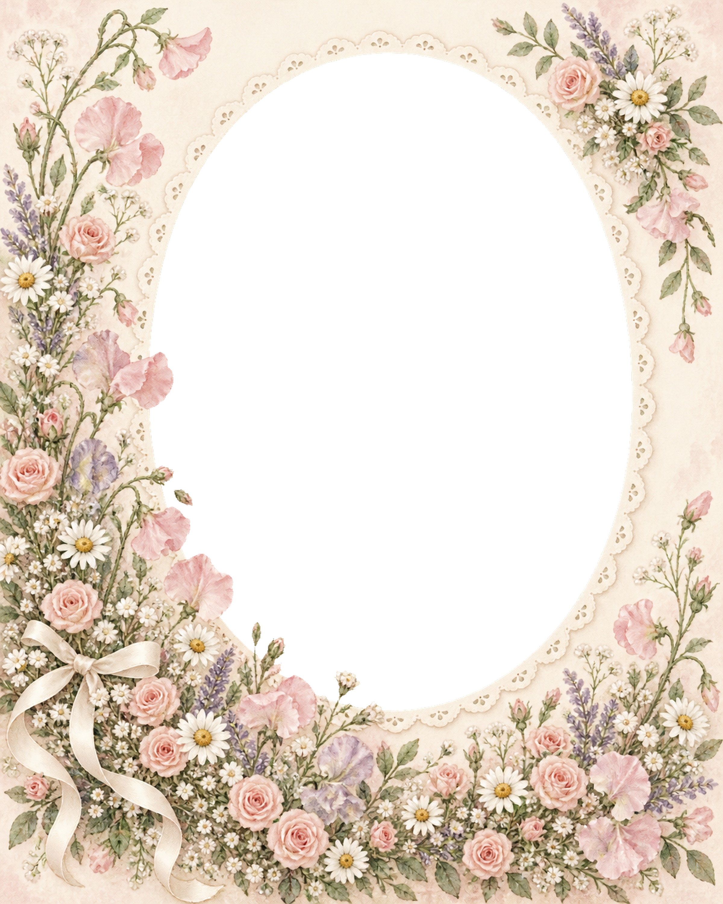 スイートピーとレースの花畑の写真フレーム｜無料の水彩イラスト 98302に写真・文字を入れる
