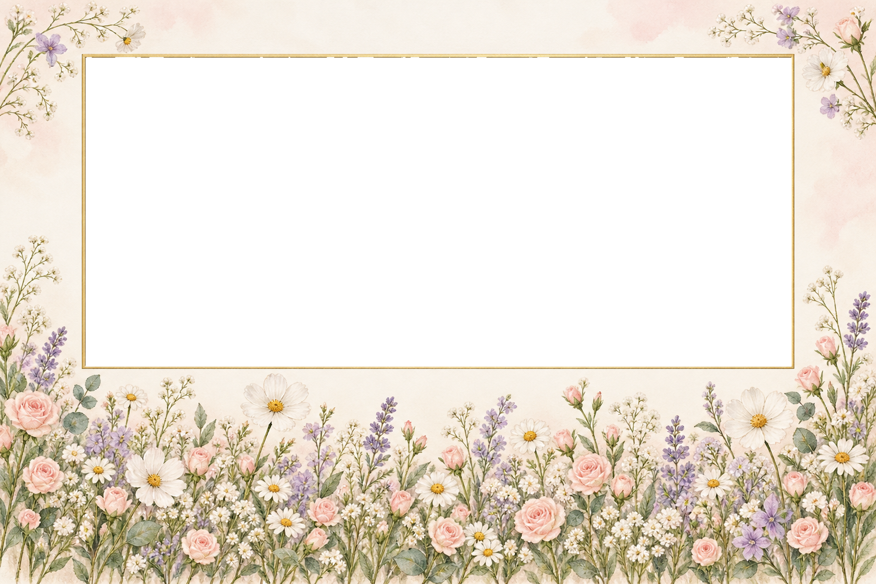 ピンクの花畑が広がる横長カードの写真フレーム｜無料の水彩イラスト 98303に写真・文字を入れる