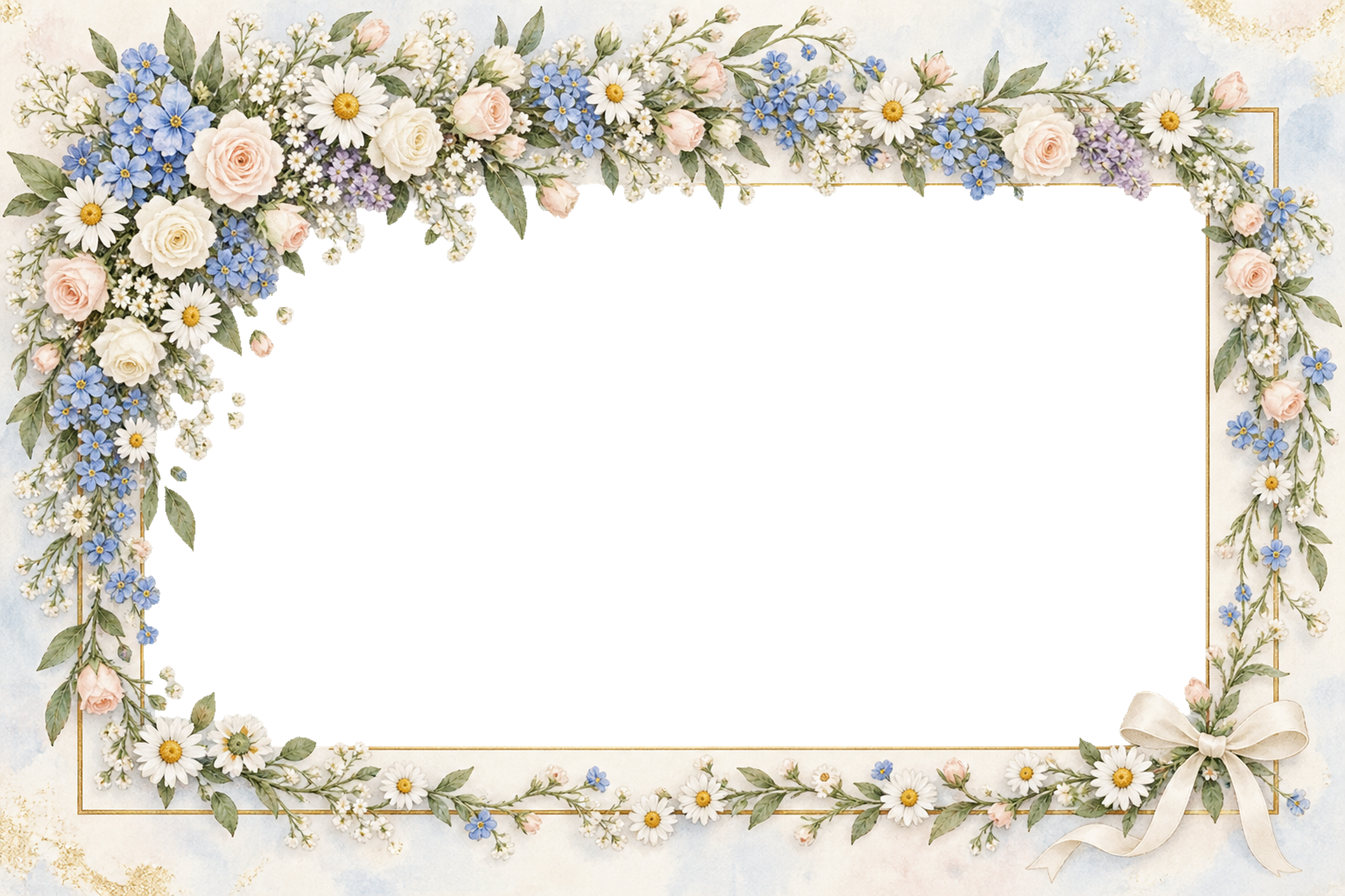 青と白の花が咲きこぼれる横長カードの写真フレーム｜無料の水彩イラスト 98304に写真・文字を入れる