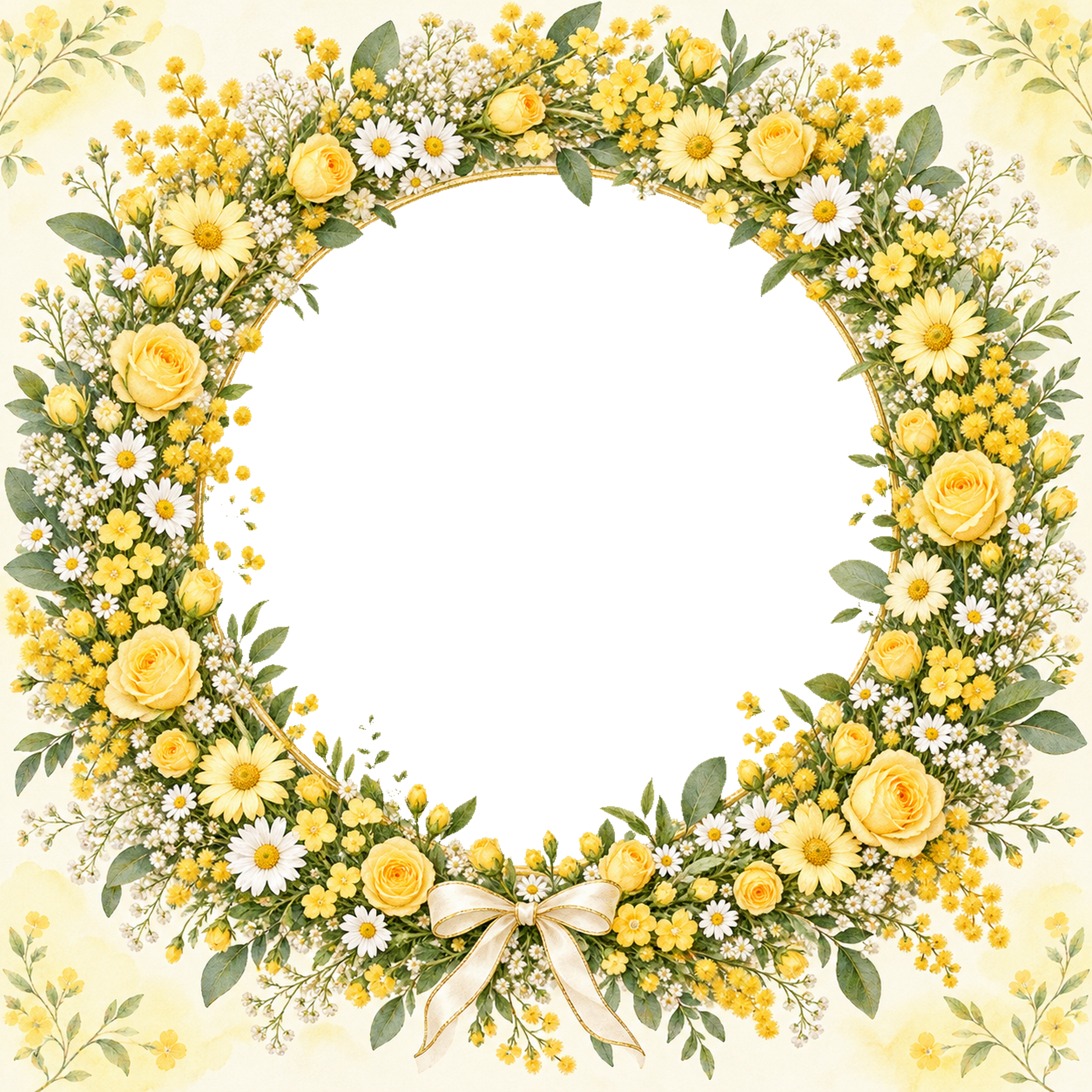 黄色い小花とリボンの花冠の写真フレーム｜無料の水彩イラスト 98308に写真・文字を入れる