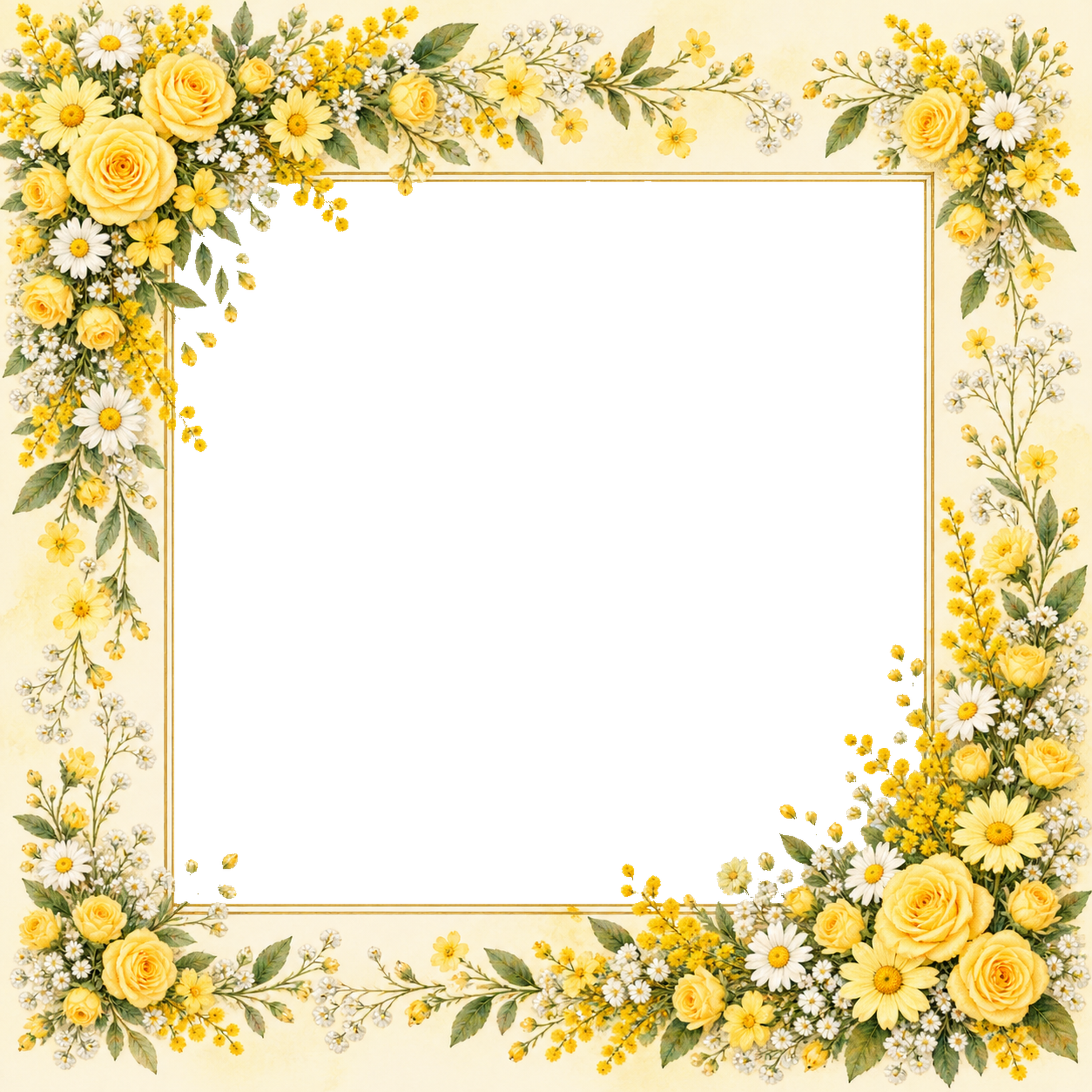黄色いバラと四隅の花飾りの写真フレーム｜無料の水彩イラスト 98310に写真・文字を入れる
