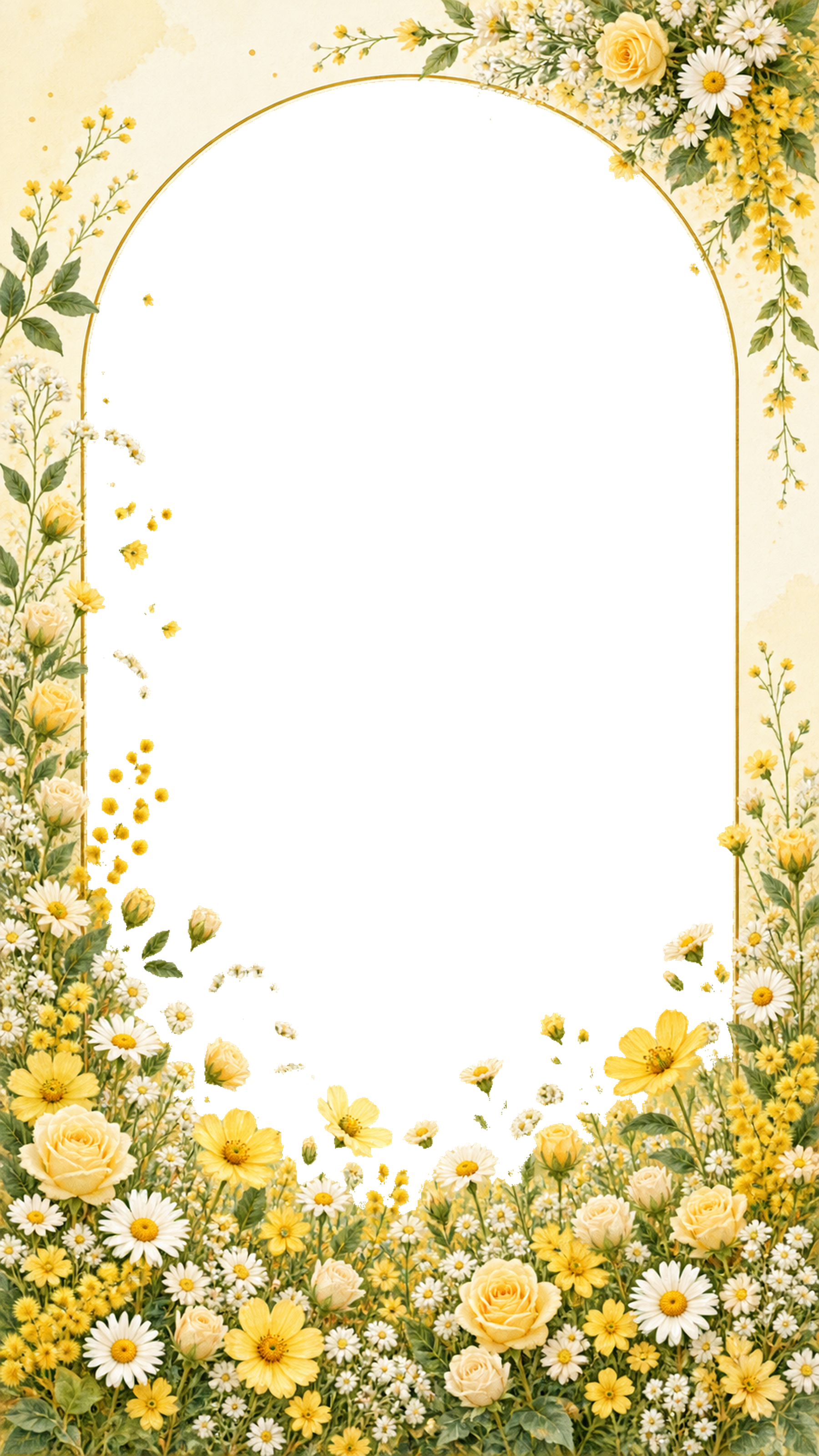 黄色い花畑の縦長アーチの写真フレーム｜無料の水彩イラスト 98311に写真・文字を入れる