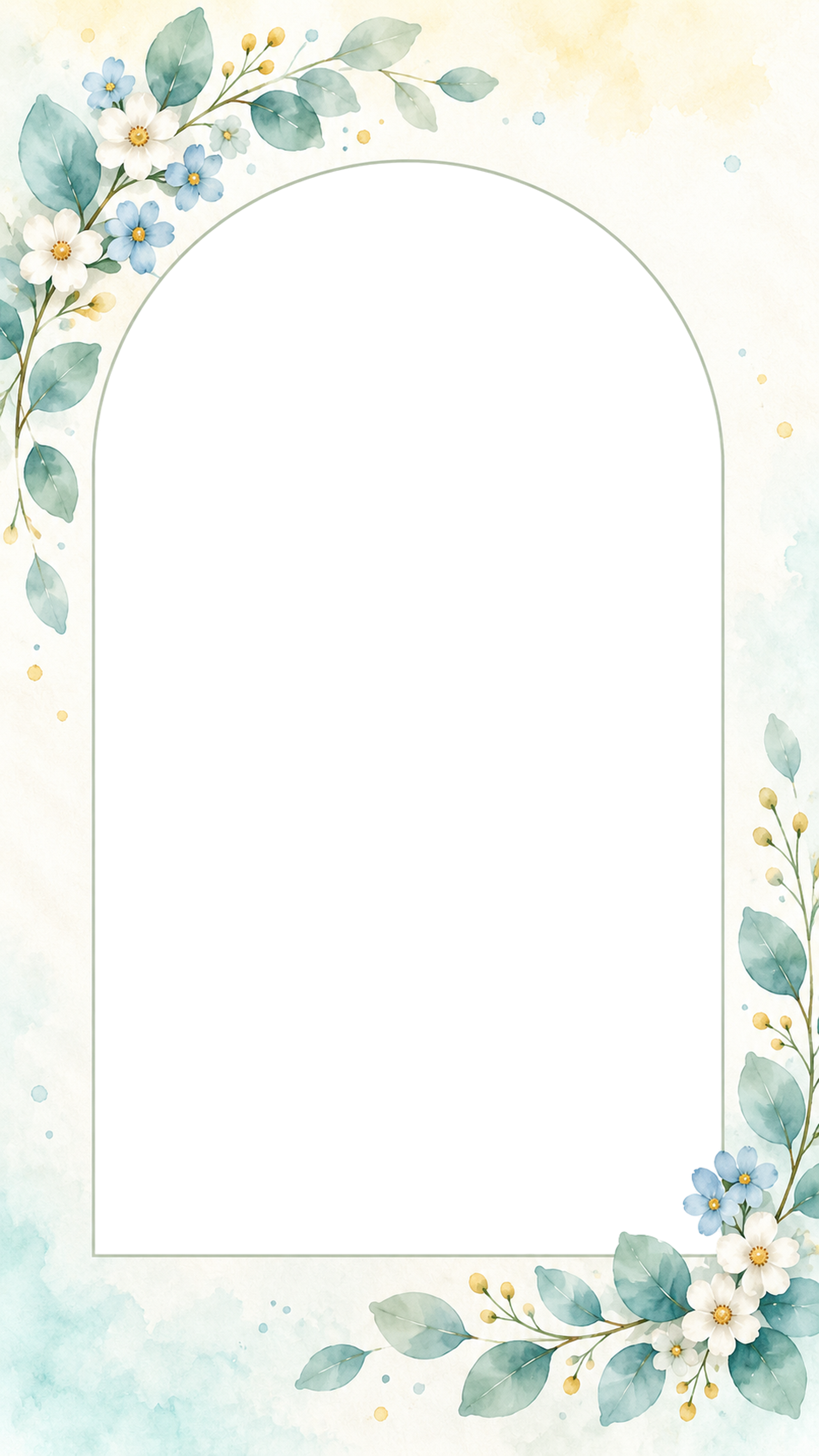 青い小花と白い花のスマホ用アーチ型写真フレーム｜シンプルな水彩の無料イラスト 98328に写真・文字を入れる