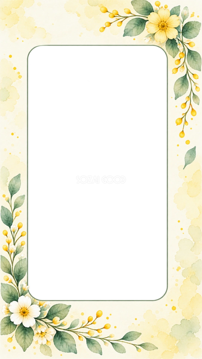 黄色い花と淡い水彩のスマホ用写真フレーム｜やさしい水彩の無料イラスト 98340