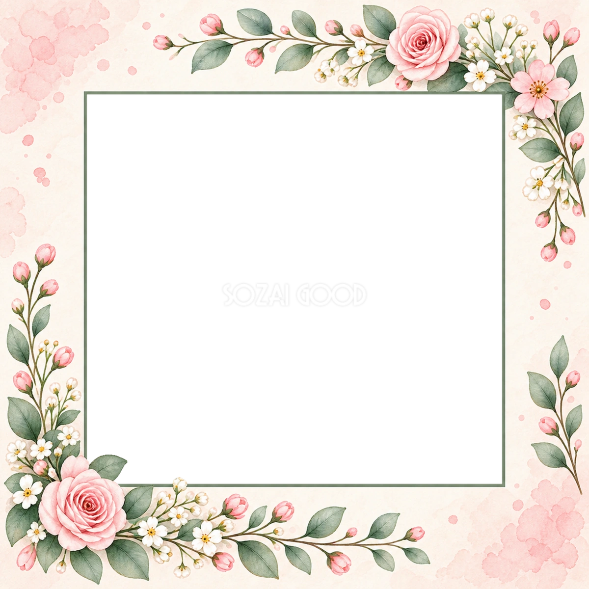 ピンクのバラと小花を上下に飾った写真フレーム｜ボタニカルの無料イラスト 98348