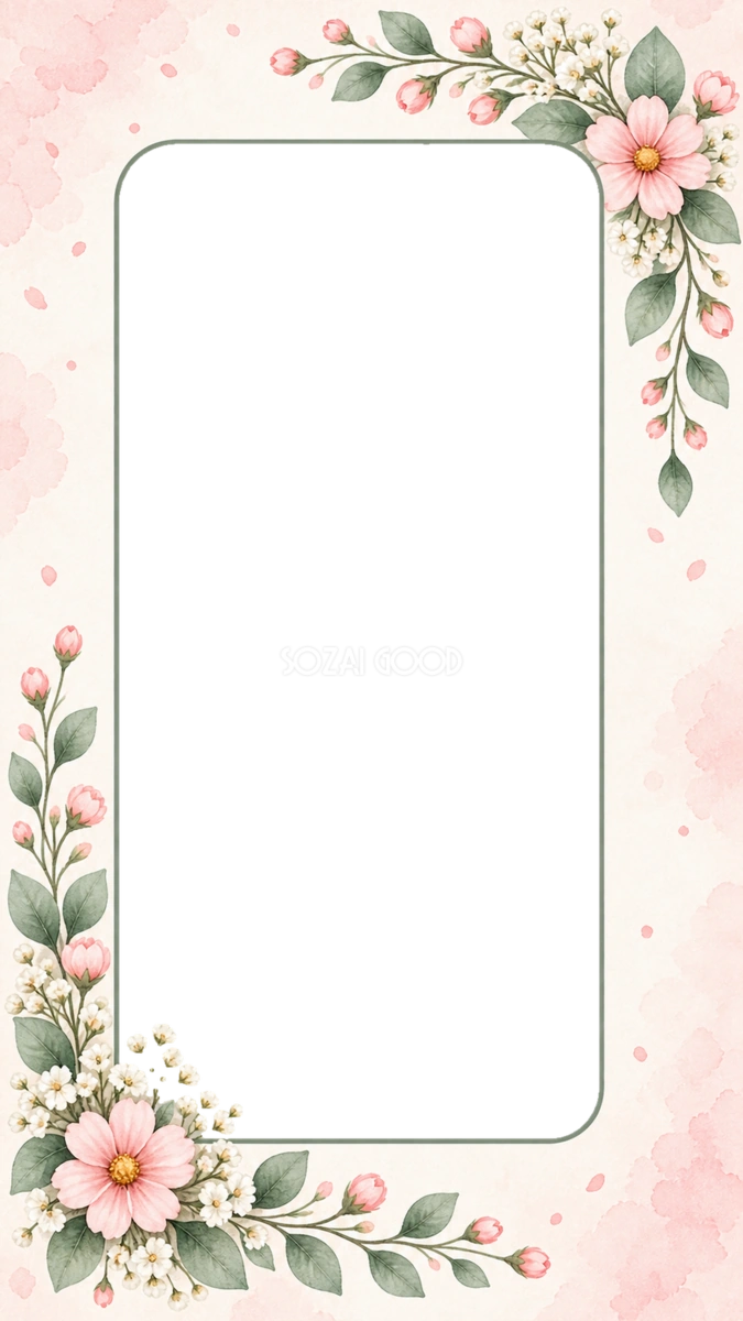ピンクの小花と水彩のスマホ用写真フレーム｜ボタニカルの無料イラスト 98353