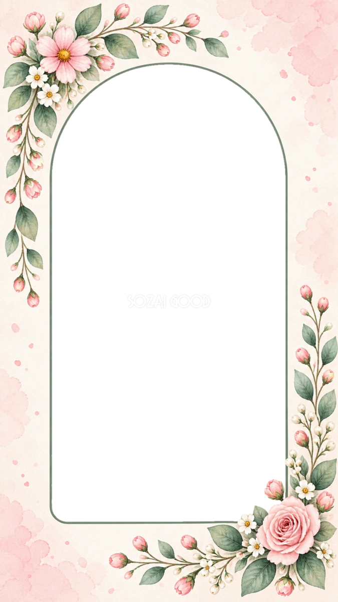 ピンクの花とバラのスマホ用アーチ型写真フレーム|ボタニカルの無料イラスト 98354