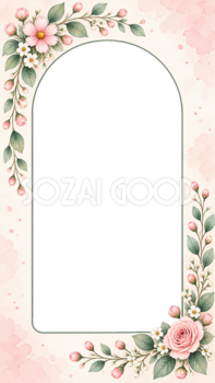 ピンクの花とバラのスマホ用アーチ型写真フレーム｜ボタニカルの無料イラスト 98354