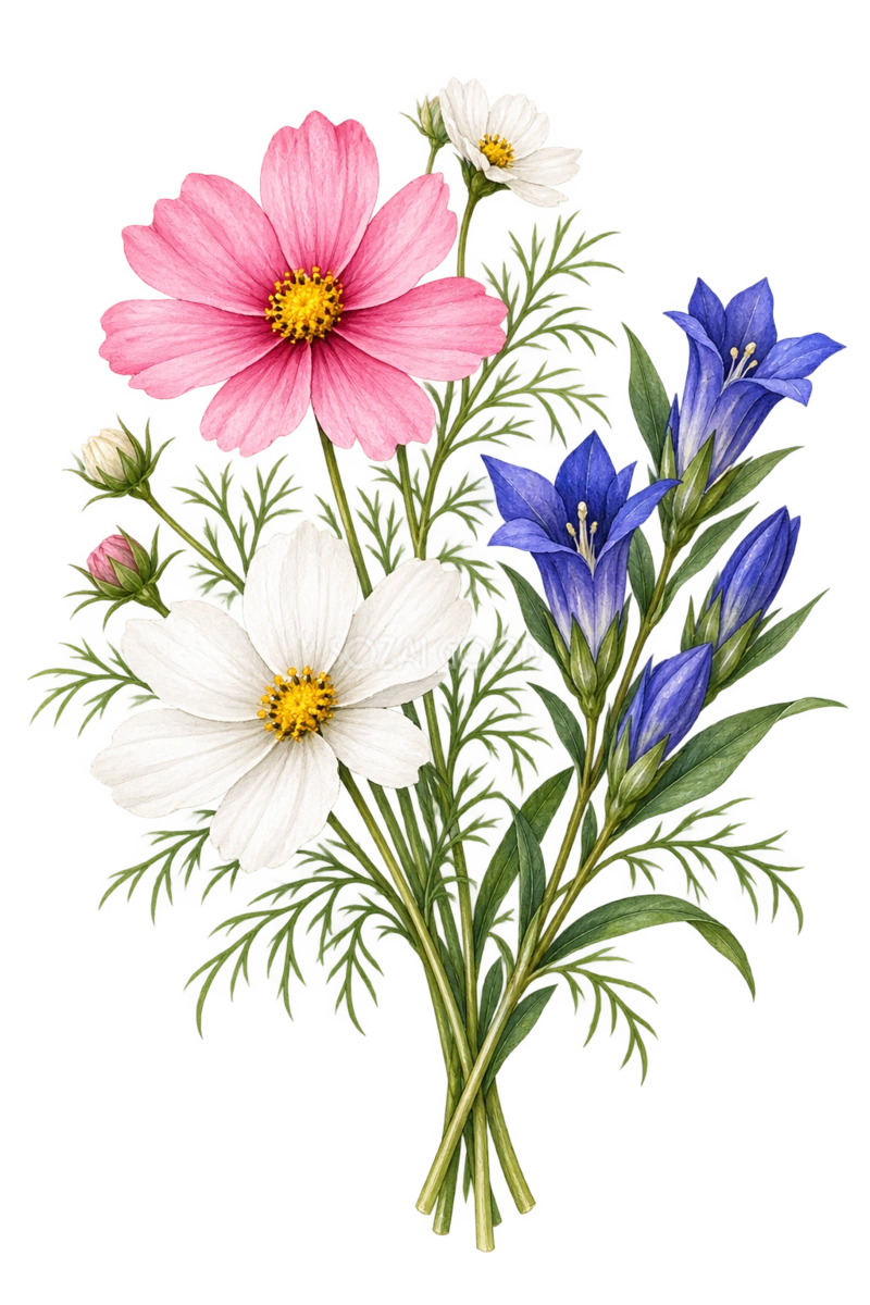 コスモスとリンドウ｜秋の花の水彩・無料イラスト素材 98375