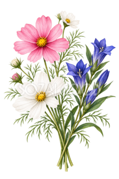 コスモスとリンドウ｜秋の花の水彩・無料イラスト素材 98375