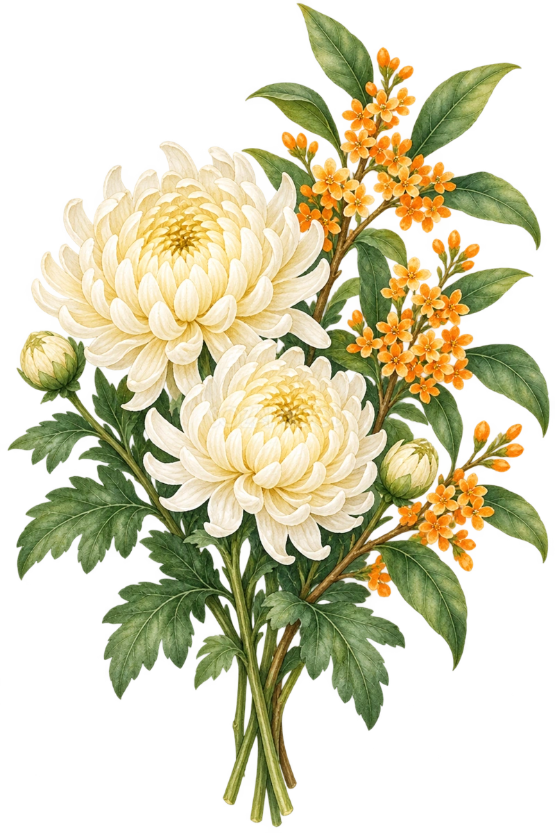 菊とキンモクセイ|秋の花の水彩・無料イラスト素材 98376