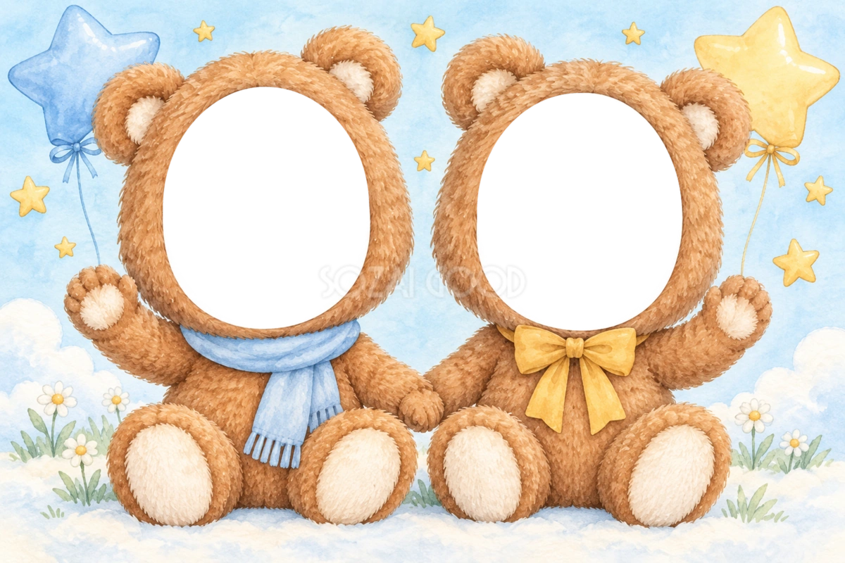 くまの兄弟・姉妹の被り物写真フレーム|兄弟・姉妹で楽しむ無料イラスト 98393