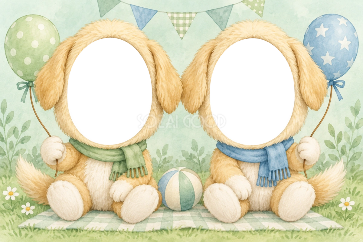 いぬの兄弟・姉妹の被り物写真フレーム|兄弟・姉妹で楽しむ無料イラスト 98395