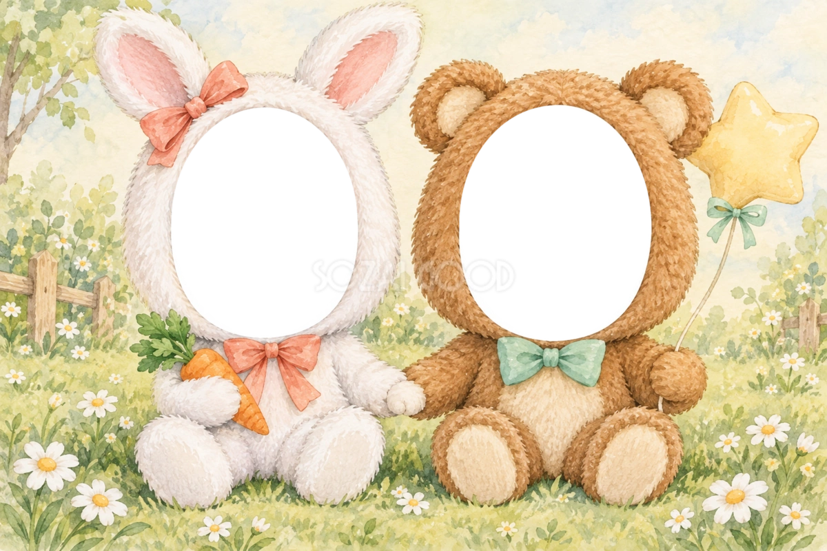 うさぎとくまの被り物写真フレーム|兄弟・姉妹で楽しむ無料イラスト 98398