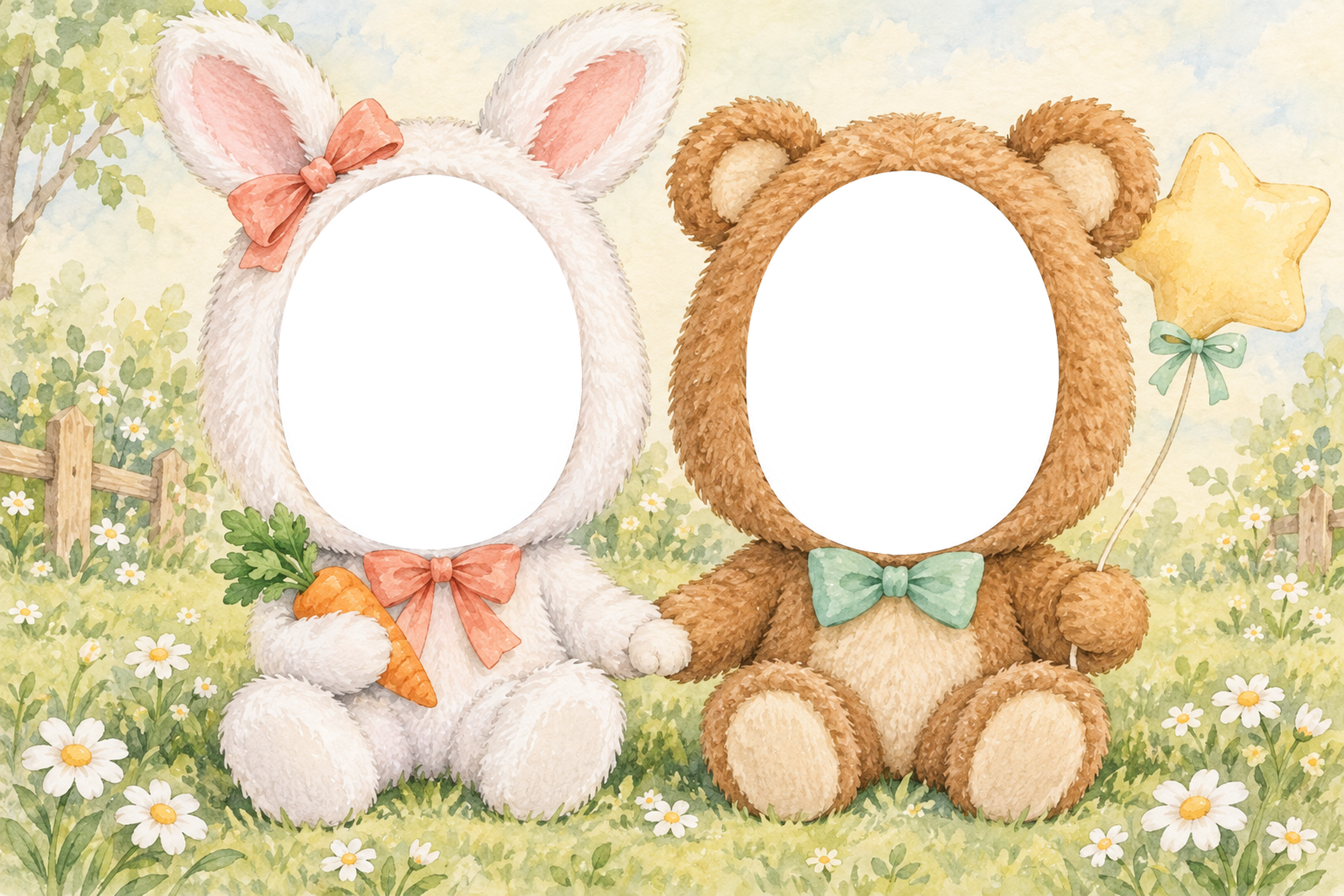 うさぎとくまの被り物写真フレーム｜兄弟・姉妹で楽しむ無料イラスト 98398に写真・文字を入れる
