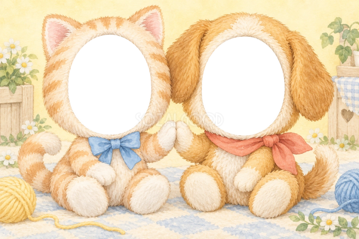 ねこといぬの被り物写真フレーム|兄弟・姉妹で楽しむ無料イラスト 98399