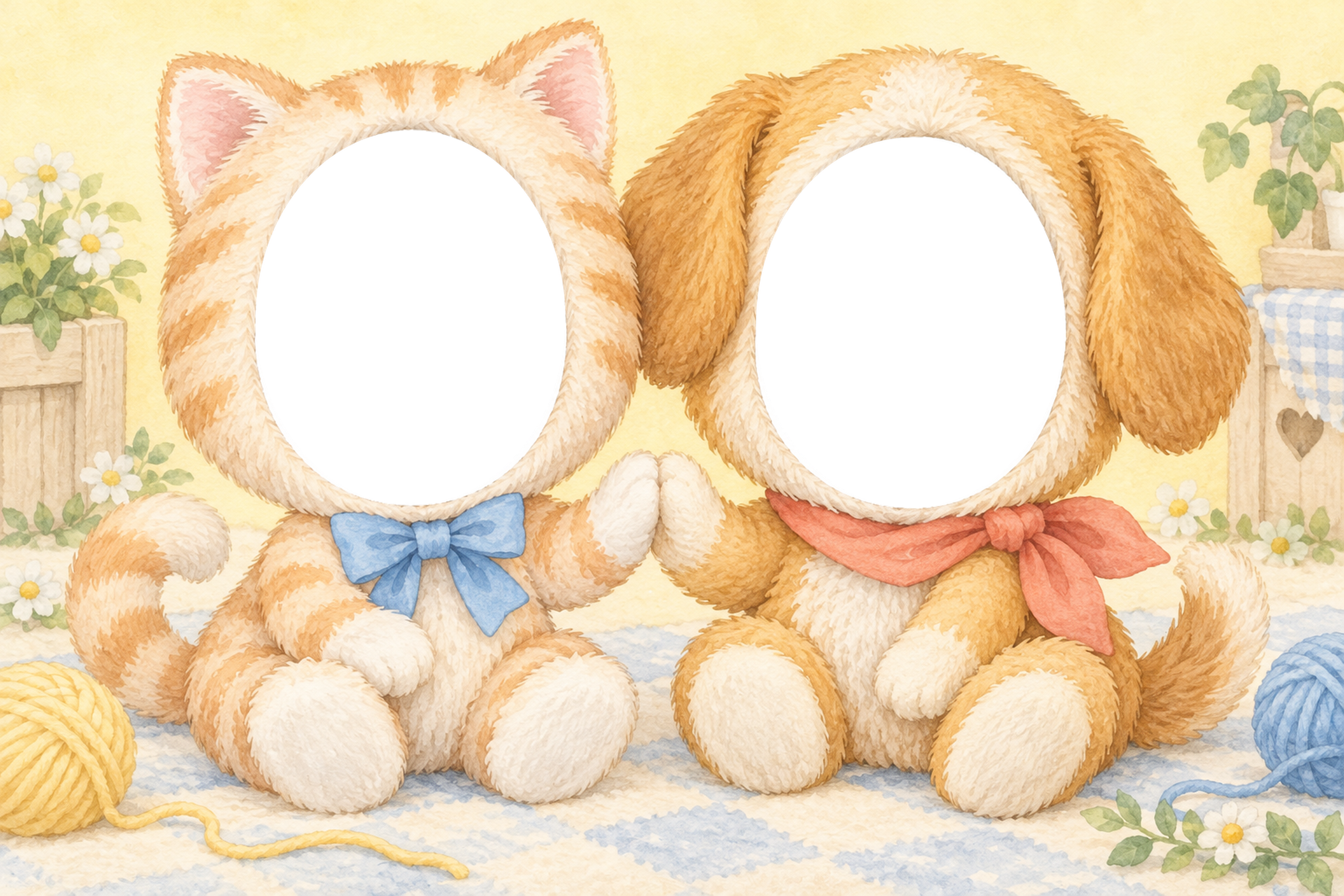 ねこといぬの被り物写真フレーム｜兄弟・姉妹で楽しむ無料イラスト 98399に写真・文字を入れる