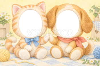 ねこといぬの被り物写真フレーム｜兄弟・姉妹で楽しむ無料イラスト 98399