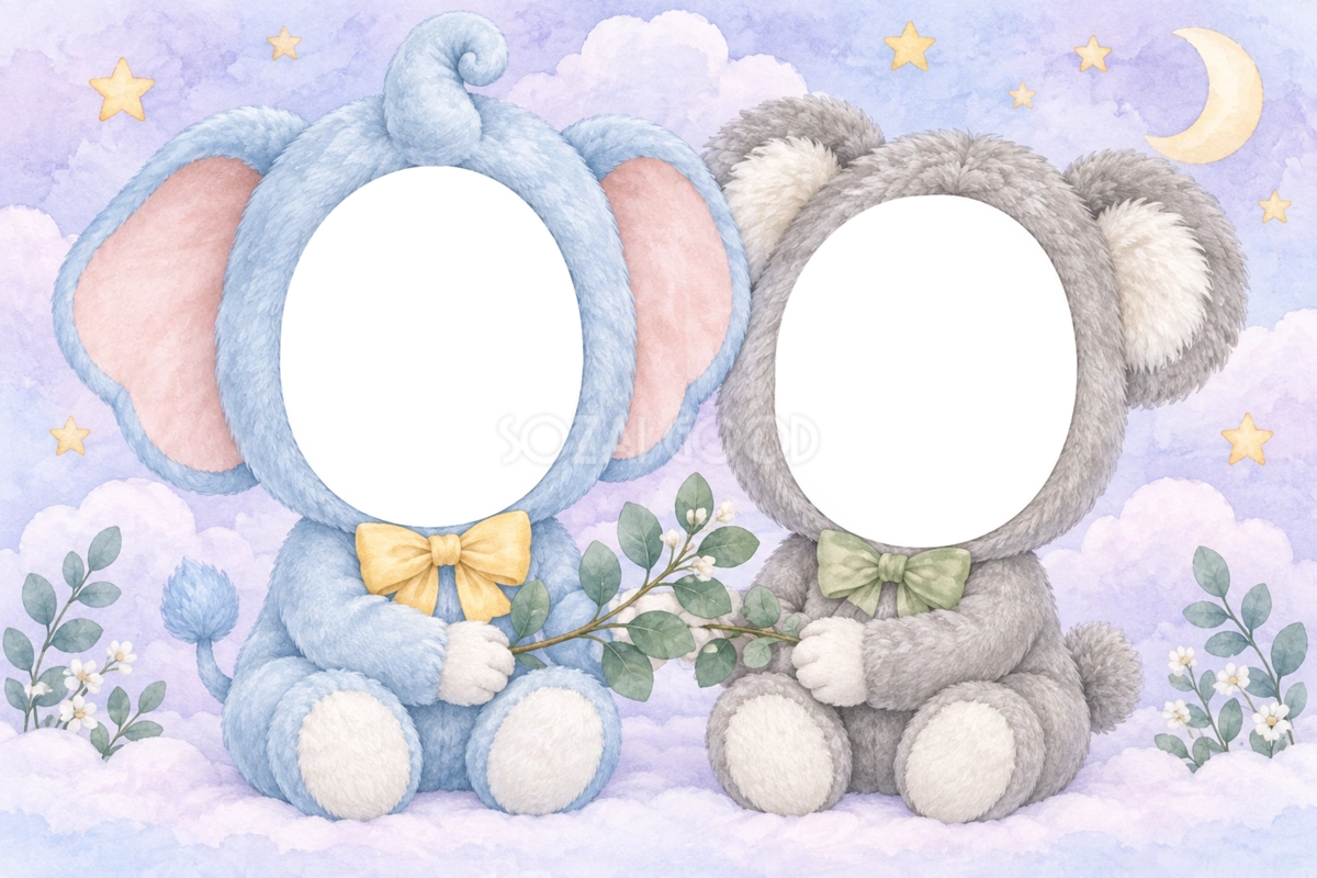 ぞうとコアラの被り物写真フレーム|兄弟・姉妹で楽しむ無料イラスト 98401