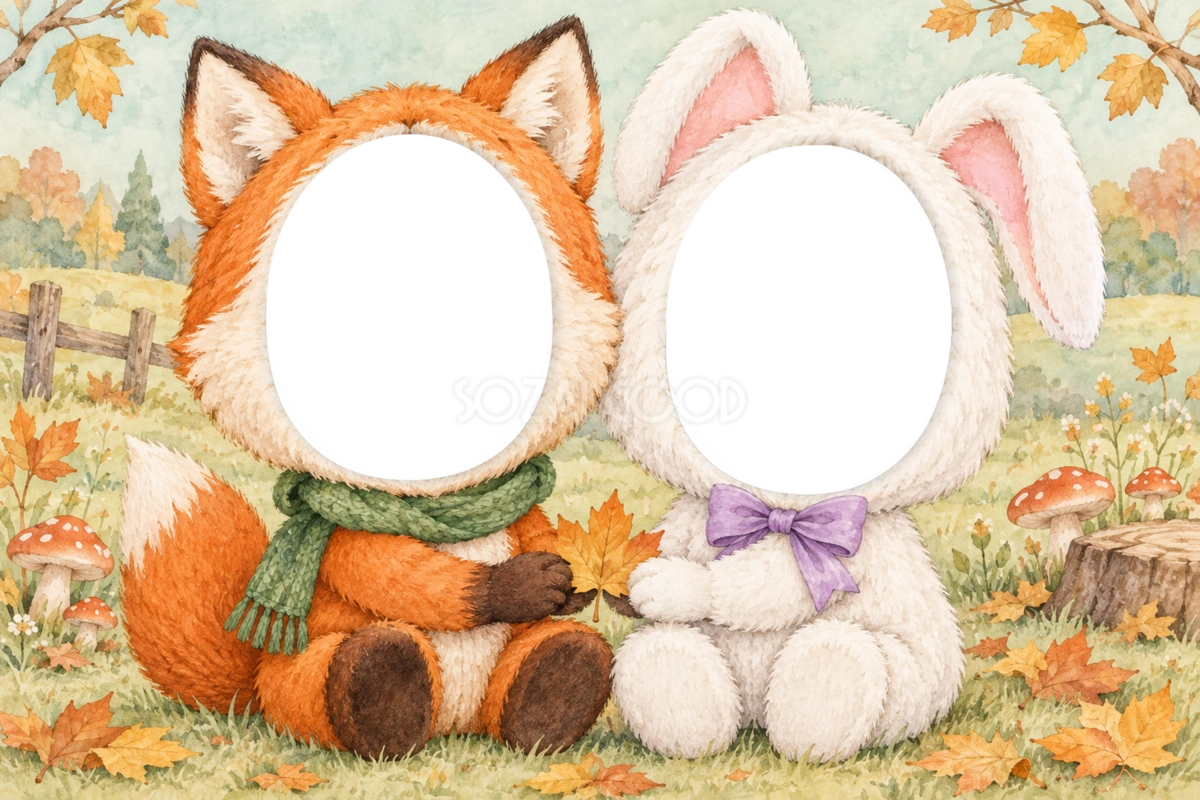 きつねとうさぎの被り物写真フレーム|兄弟・姉妹で楽しむ無料イラスト 98402