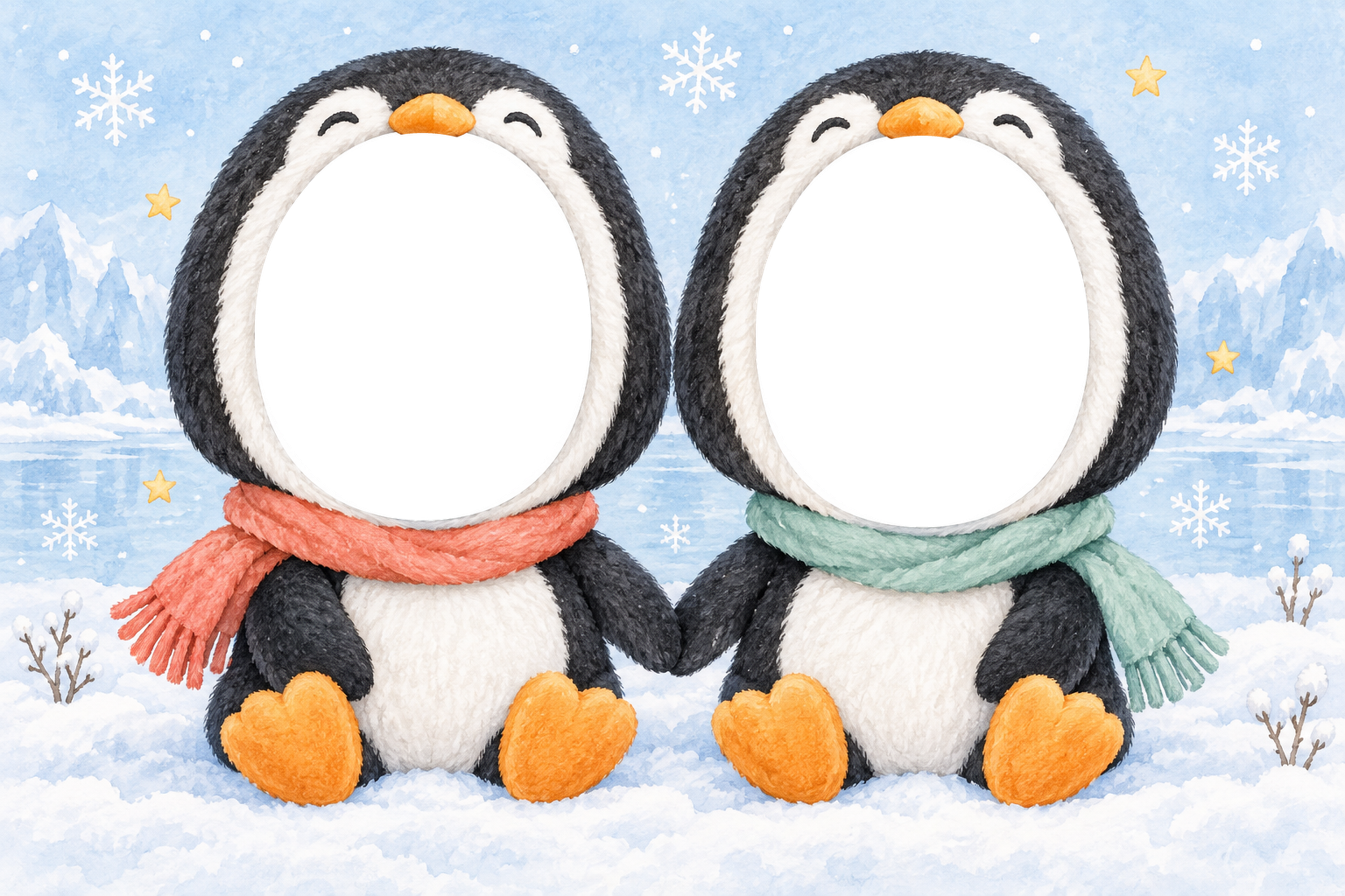 ペンギンの兄弟・姉妹の被り物写真フレーム｜兄弟・姉妹で楽しむ無料イラスト 98403に写真・文字を入れる