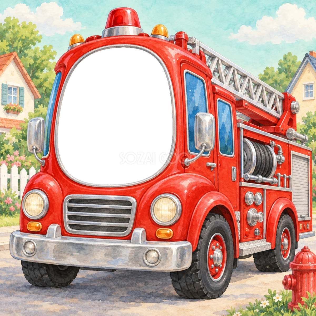 消防車の窓からこんにちは写真フレーム|子ども向けのかわいい無料イラスト 98407