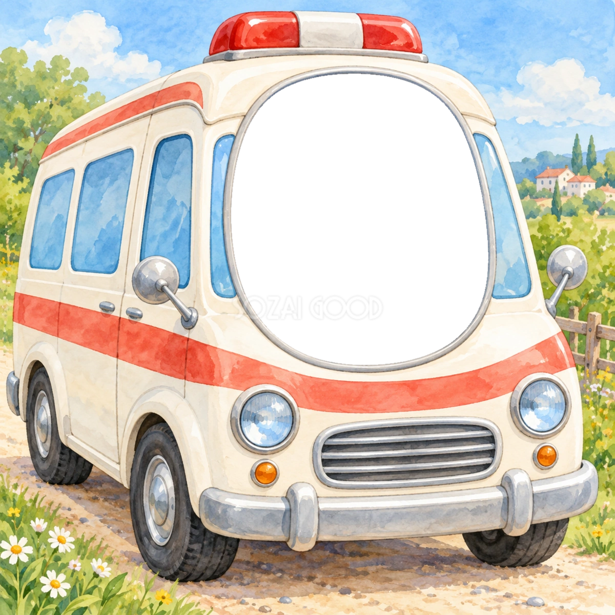 救急車の窓からこんにちは写真フレーム|子ども向けのかわいい無料イラスト 98410