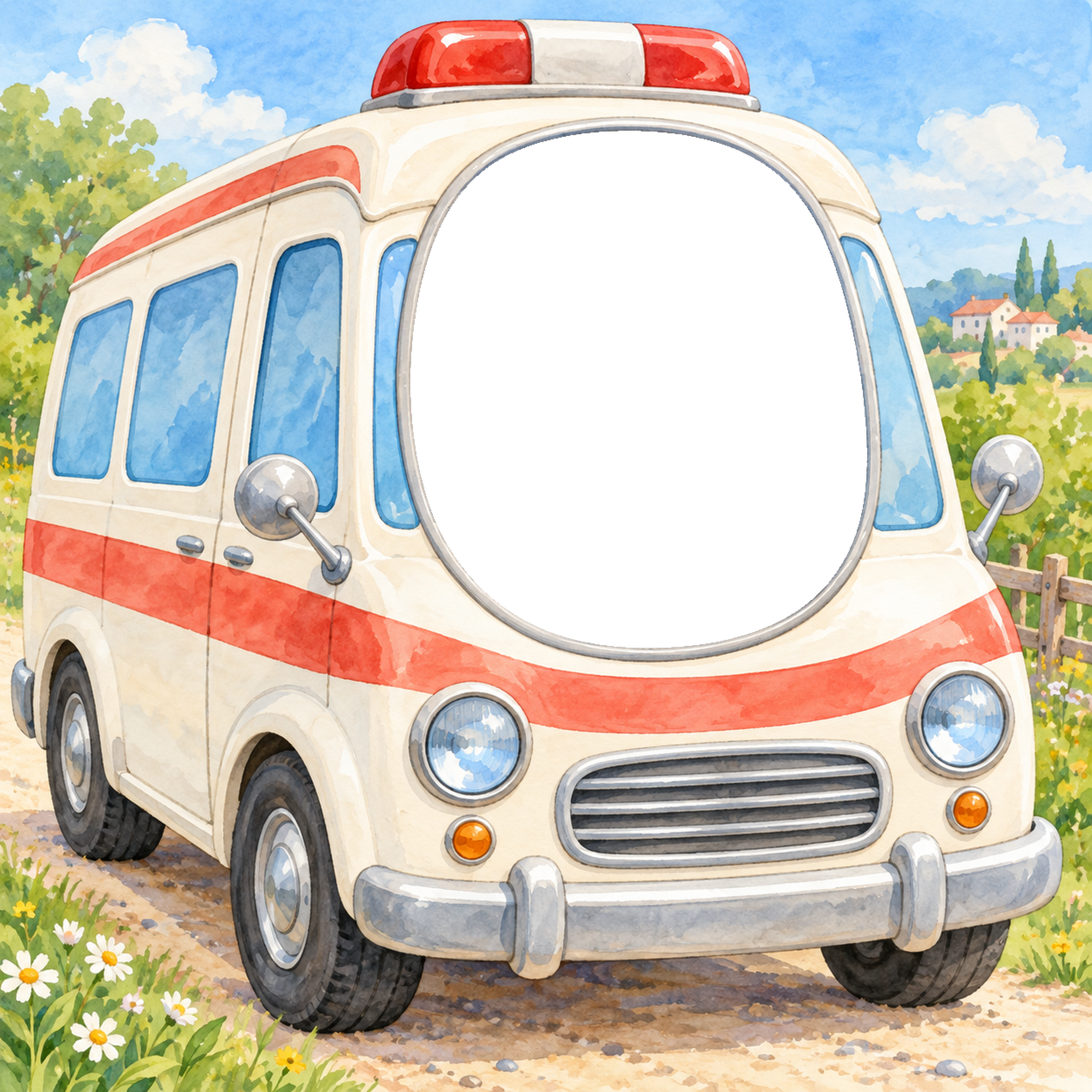 救急車の窓からこんにちは写真フレーム｜子ども向けのかわいい無料イラスト 98410に写真・文字を入れる