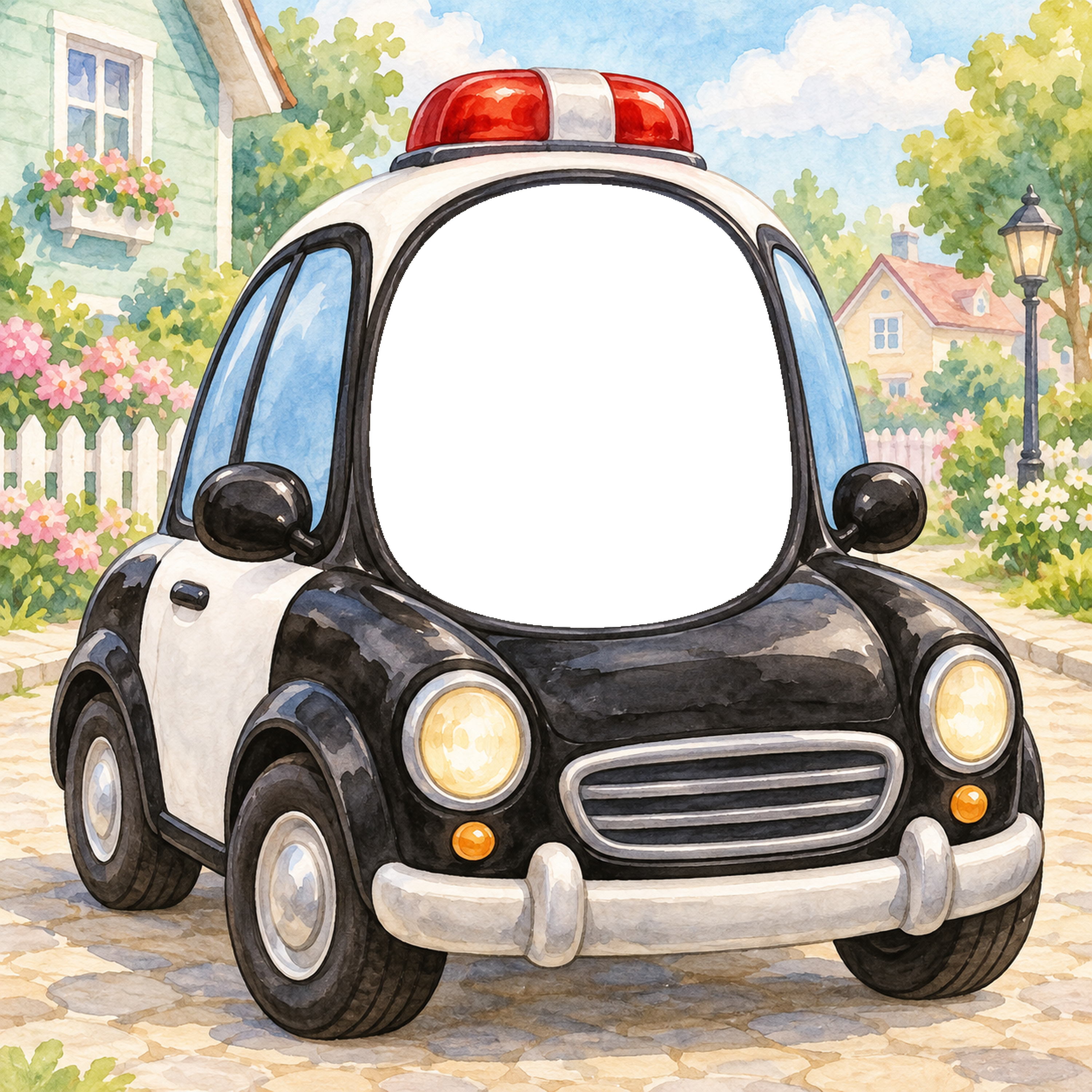 パトカーの窓からこんにちは写真フレーム｜子ども向けのかわいい無料イラスト 98411に写真・文字を入れる